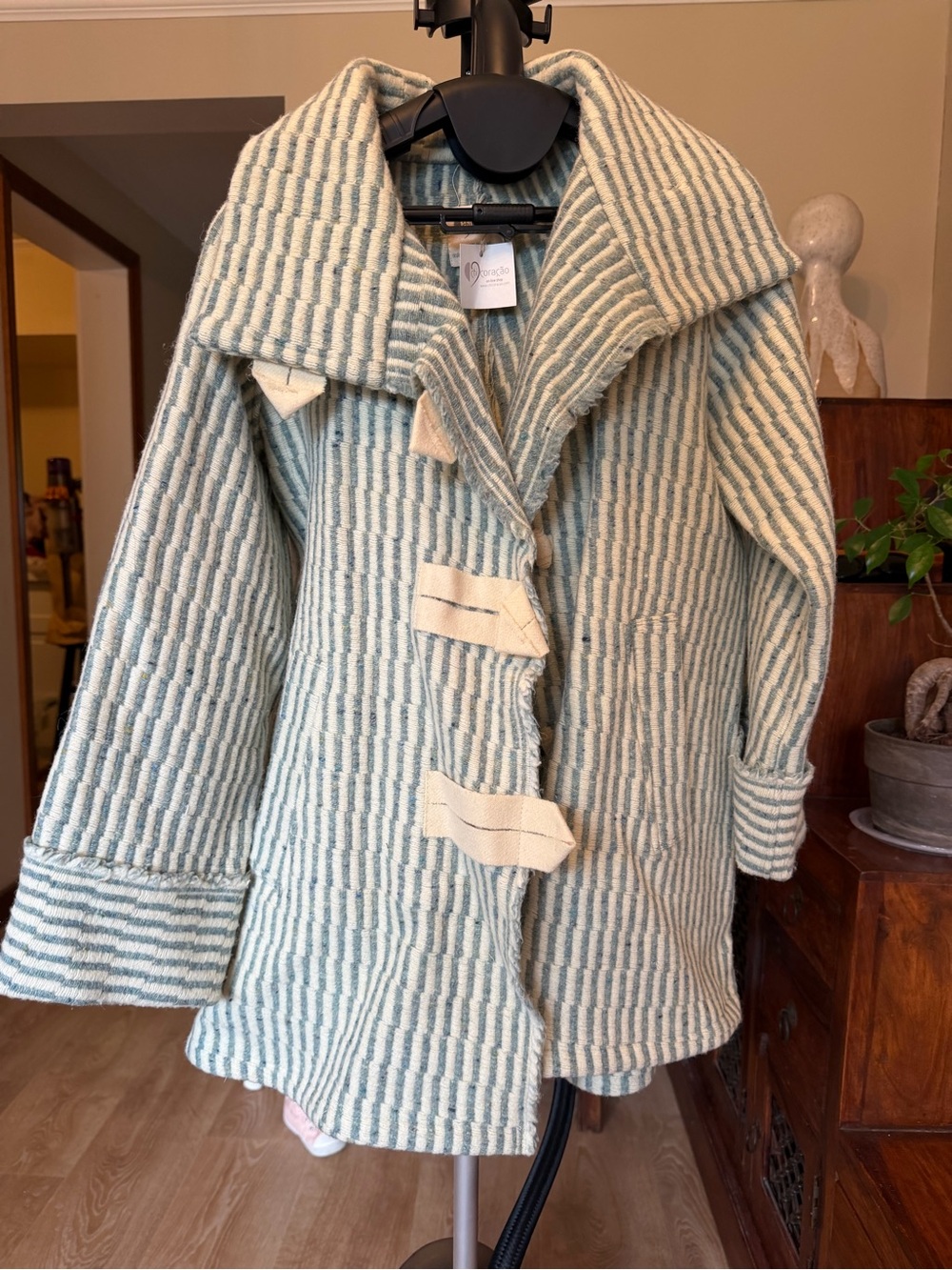 Chicoracao Wool coat Striped Toggle-Front Wool Blend Coat - Light Blue & Cream